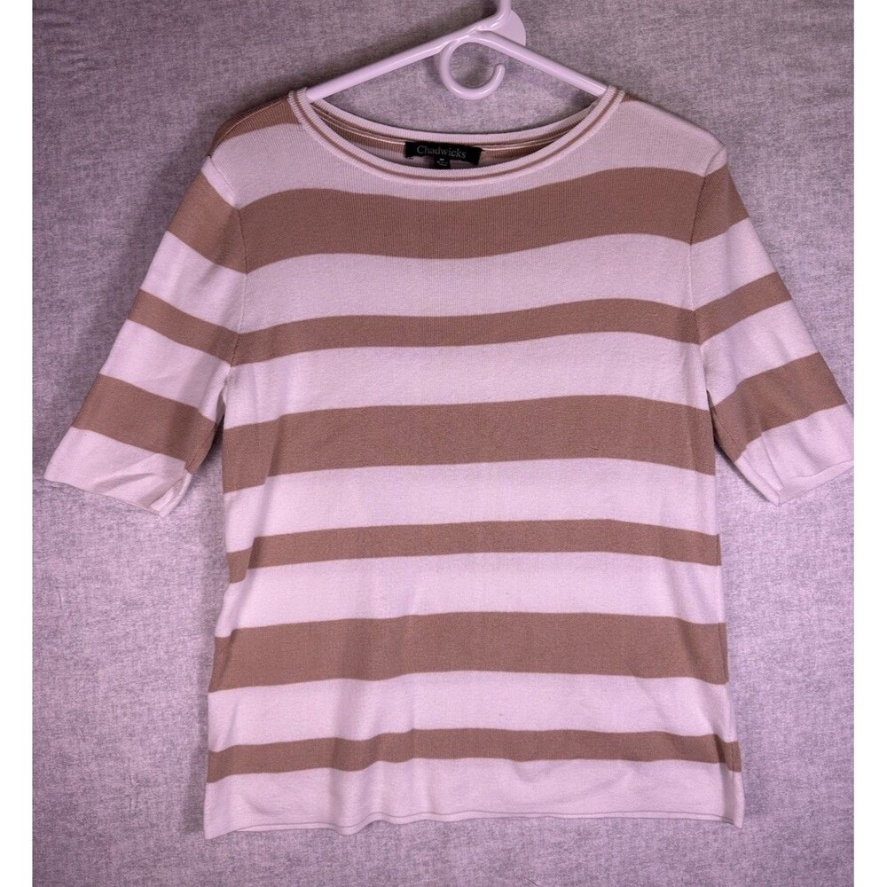 Chadwick's Women Tan & White Striped Crew Neck Short Sleeve Sweater Size Medium